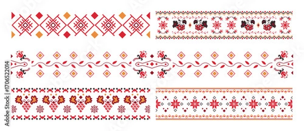 Fototapeta Dividers and borders with the graphic Slavic ornaments, Ukrainian decorative art and embroidery, ornaments with symbols and abstract element set. Vector abstract ethnic pattern art.