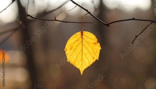 Fototapeta Single golden leaf hanging from branch in autumn