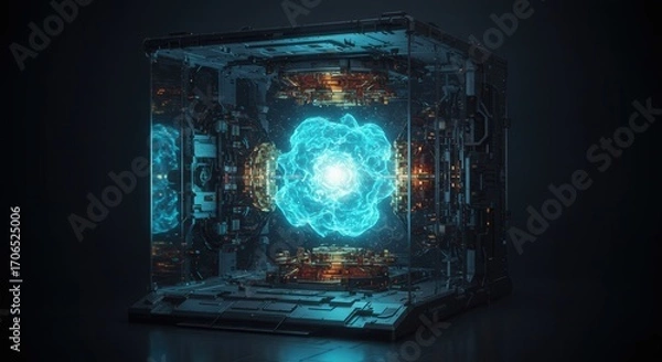 Fototapeta Futuristic glowing cube with abstract technology design and energy  