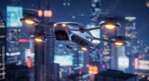Fototapeta High-tech drone flying over illuminated cityscape at night  