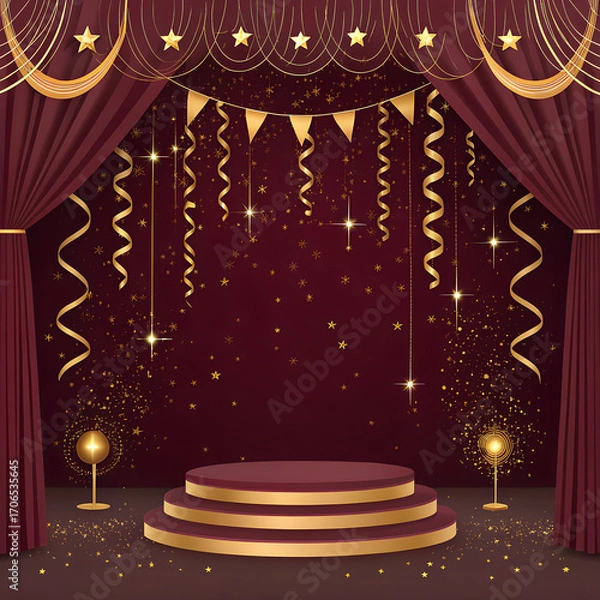 Fototapeta Deep burgundy backdrop with golden sparkles and streamers, elegant premium birthday mood.