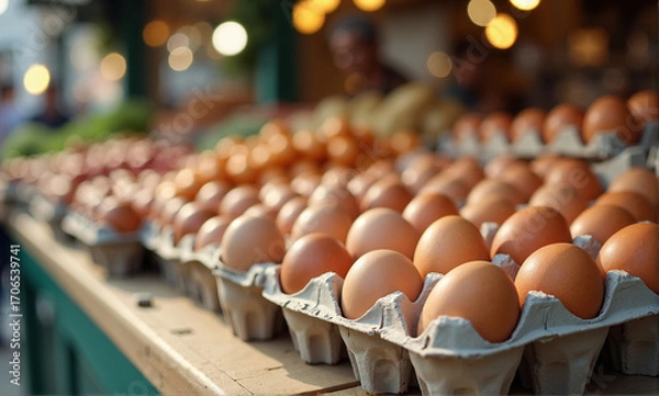 Fototapeta Fresh eggs at market on display in cardboard containers with brown shells. These fresh eggs highlight rural marketplace for organic products, wholesome breakfast.