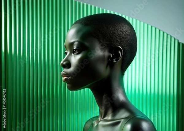 Fototapeta Green Model hidden behind mirror pattern. Beautiful girl. Digital woman face for AI technology concept. Reeded Glass. Ribbed Background. Glitched and corrupted female face.