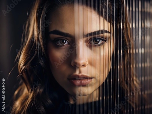 Fototapeta Abstract woman portrait with glass texture. Glitched and corrupted female face. Beautiful girl. Model hidden behind mirror pattern. Colored Reeded Glass. Ribbed Background.