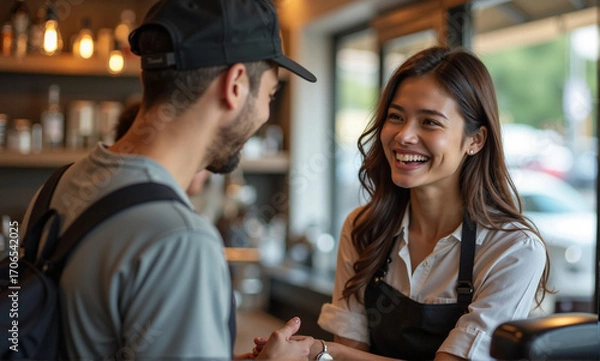 Fototapeta Engaging barista interacting with customer at coffee shop, barista working in cafe. Cafe barista smiling friendly and offering coffee, with cafe barista providing great service for patrons.