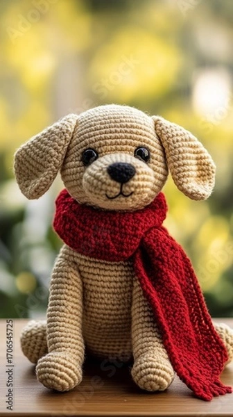 Fototapeta crochet dog with a red scarf generative ai