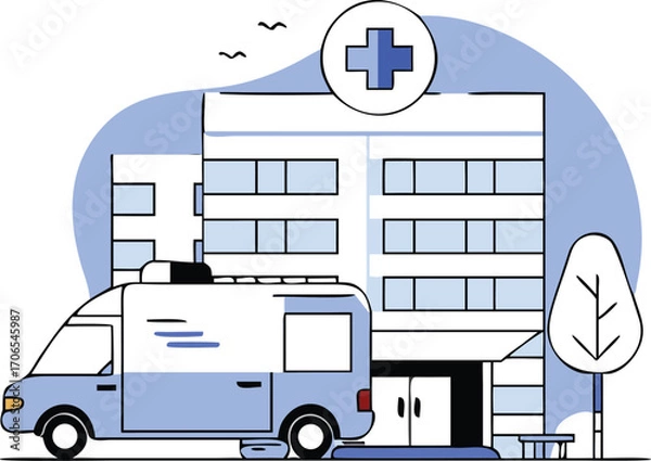 Fototapeta Flat Isometric Hospital Building with Ambulance Outside Illustration
