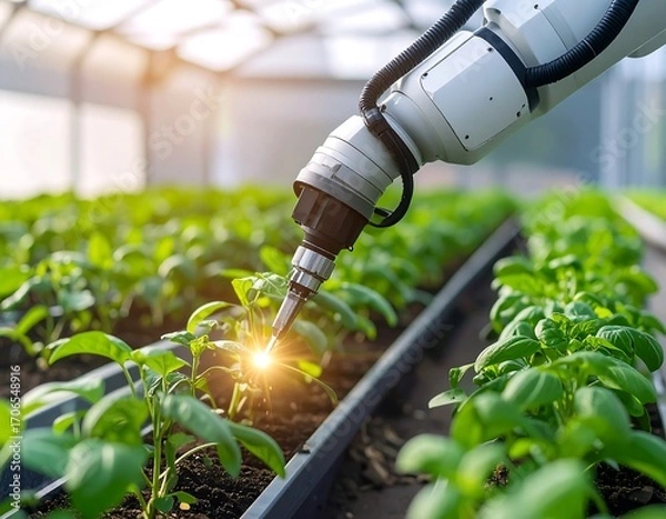 Fototapeta Robotic arm tending to plants in a greenhouse