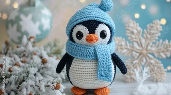 Fototapeta crochet penguin with scarf generative ai