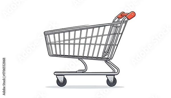 Fototapeta Empty shopping cart, profile view,  light gray metal frame, orange handles