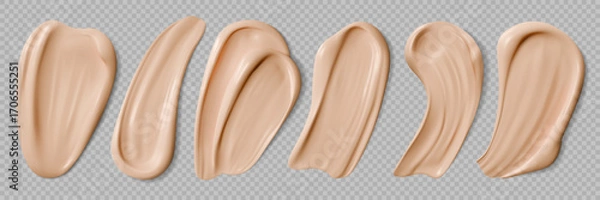 Fototapeta Beige foundation cream swatch, skincare cosmetic drops set. Liquid powder or bb creme. Realistic 3d vector smooth beige concealer stroke. Creamy cosmetics glossy finish, beauty skincare product sample