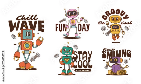 Fototapeta Funny robot and droid groovy characters stickers and t shirt prints. Cartoon cute retro hippie robot vector characters with happy screen faces and antennas. Groovy droid bots characters stickers set