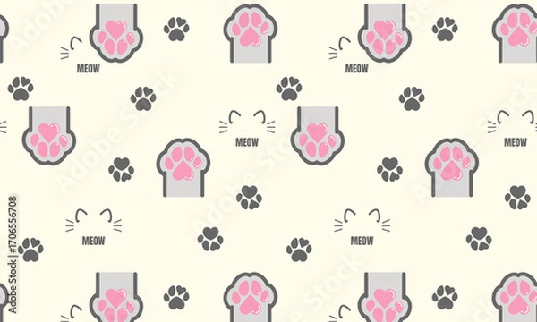 Fototapeta Cat paw vector background. Kitten footprint seamless pattern with text: meow. Kawaii cute doodle vector illustration, background.
