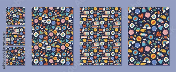 Fototapeta Groovy retro seamless sticker pattern set in colorful background. Heart, smiley, flower, star and rainbow appear as playful y2k wallpaper. Fun pop seamless pattern with vintage style and cool