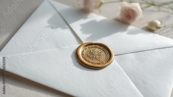 Fototapeta White Envelope with Gold Wax Seal and Blush Flowers, Close Up on Beige Table