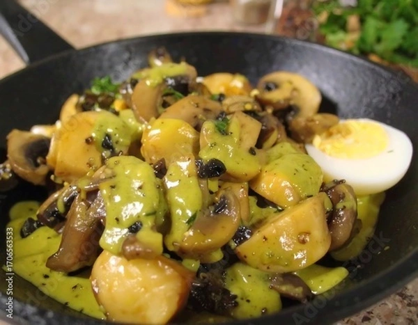 Fototapeta Sauteed mushrooms with a vibrant green sauce and egg