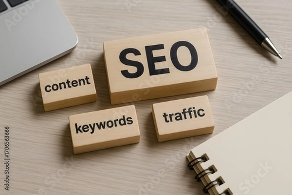 Fototapeta SEO concept with content, keywords, and traffic on wooden blocks. 