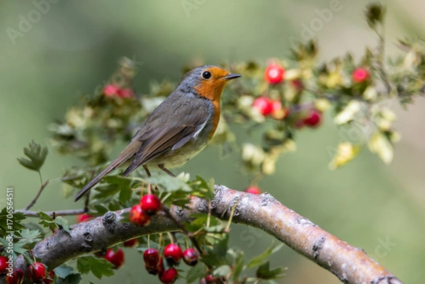 Fototapeta Burrowing in a hawthorn with red berries