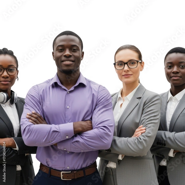 Fototapeta Diverse group of professionals standing together confidently with arms crossed in studio
