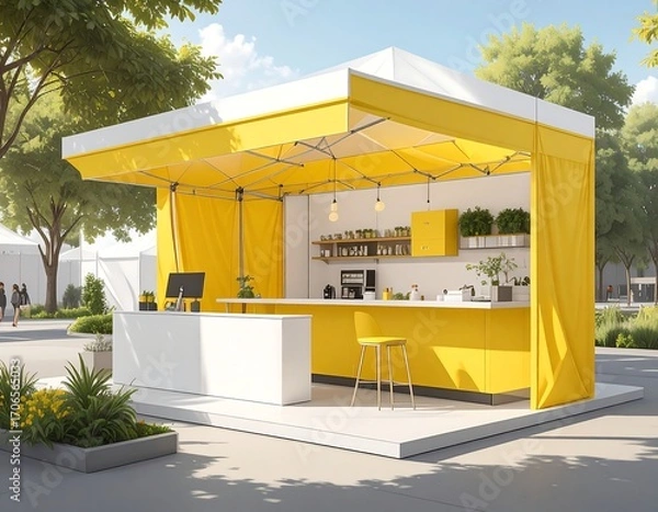 Fototapeta Bright yellow outdoor kiosk, modern design, with white accents, serving area, and plants
