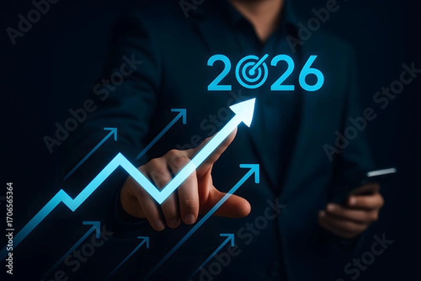 Fototapeta Navigating towards 2026: A visionary depiction of planning and goal-setting for the year 2026. A digital graphic portrays a hand pointing upward.