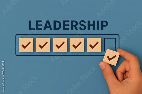 Fototapeta Leadership & Progress: A hand places a check mark on a tile, completing a progress bar with the word LEADERSHIP, illustrating the concept of completion and achievement, the visual is bright and bold.