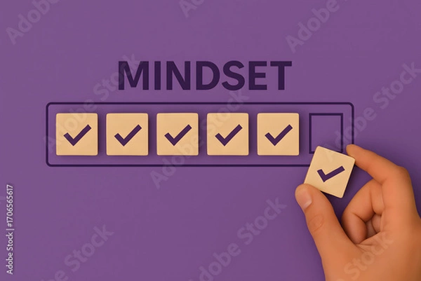 Fototapeta Cultivating the Right Mindset: A person carefully places the final checkmark, symbolizing the power of a growth-oriented mindset, a key element to personal and professional development.
