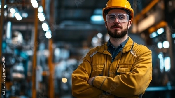 Fototapeta mechanical engineer uniform, industrial background generative ai