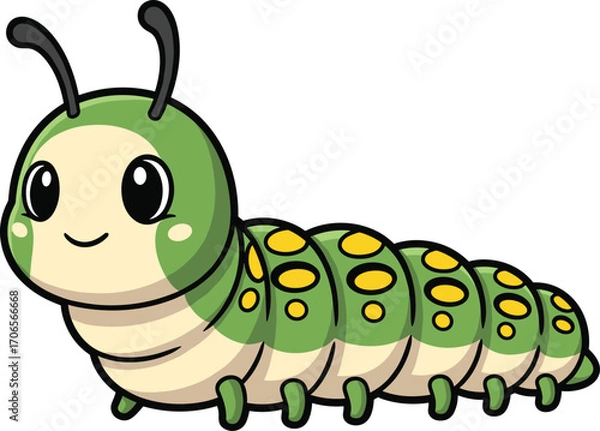 Fototapeta Cartoon caterpillar character, cute insect illustration, segmented bug with antennae, children’s nature mascot, cad drawing flat vector illustration