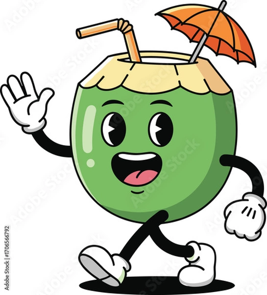 Fototapeta Cartoon coconut drink character, smiling tropical mascot with umbrella and straw, summer beverage illustration, cad drawing flat vector illustration