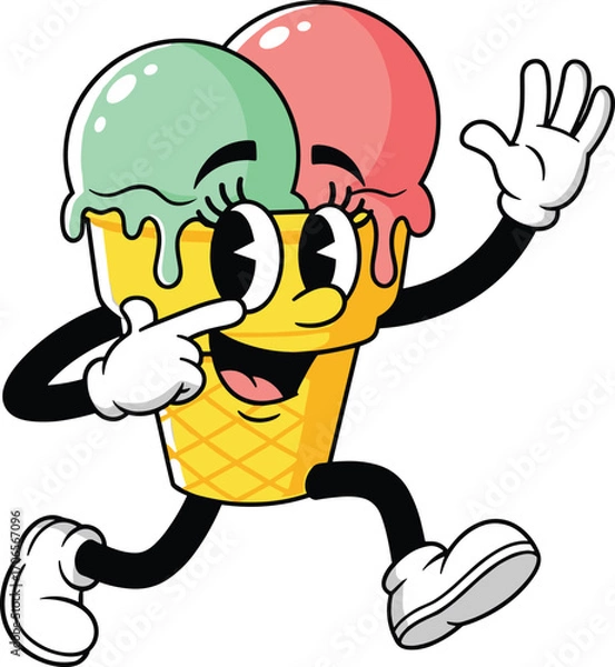 Fototapeta Cartoon ice cream cone character, two scoop mascot, playful dessert illustration, fun food vector, cad drawing flat vector illustration