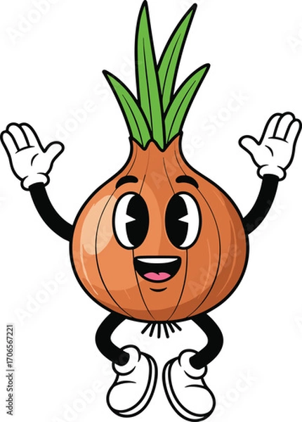 Fototapeta Cartoon onion character, smiling vegetable mascot, brown bulb with green shoots, playful food illustration, cad drawing flat vector illustration