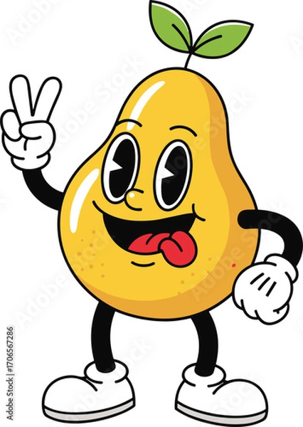 Fototapeta Cartoon pear character, smiling yellow fruit mascot with peace sign, playful produce illustration, cad drawing flat vector illustration
