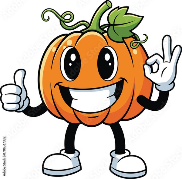 Fototapeta Cartoon pumpkin character, smiling autumn mascot with thumbs-up and OK sign, festive vegetable illustration, cad drawing flat vector illustration