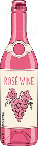 Fototapeta Rosé wine bottle illustration, pink drink with grape label, elegant beverage vector, product packaging art, cad drawing flat vector illustration