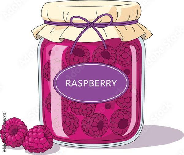 Fototapeta Raspberry jam jar illustration, whole berries and preserve, sweet fruit dessert vector, food concept art, cad drawing flat vector illustration