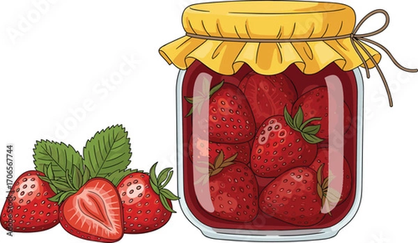 Fototapeta Strawberry jam jar, fresh berries and sliced fruit, homemade preserve illustration, food concept vector, cad drawing flat vector illustration