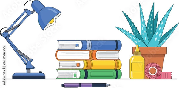 Fototapeta Study desk illustration, books, lamp, plant, stationery items, organized workspace vector, cartoon setup, cad drawing flat vector illustration