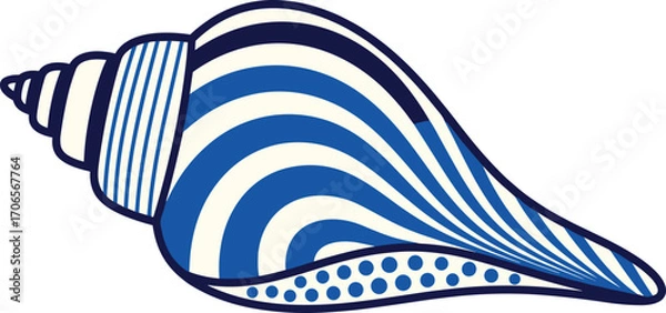 Fototapeta Striped conch shell illustration, blue and white spiral seashell with abstract design, cad drawing flat vector illustration