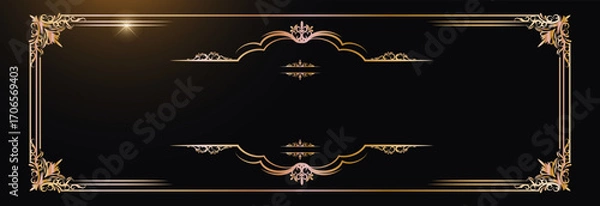 Fototapeta Elegant decorative golden frame with vintage floral ornaments on black background, perfect for invitations, certificates, menus, greeting cards, and premium design projects.