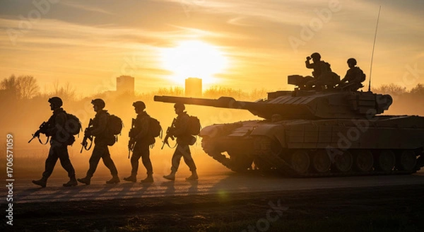 Fototapeta A dramatic silhouette of soldiers on patrol, walking alongside a tank against a bright sunrise or sunset with a city skyline in the background. A powerful image for military and defense concepts.