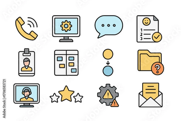 Fototapeta Communication and work flat icon set. office, chat, and document management icons