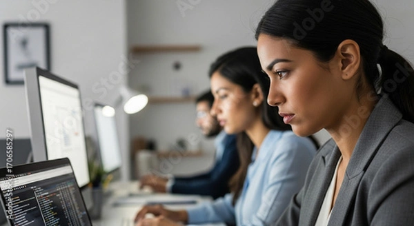 Fototapeta Vertical portrait middle eastern woman using computer technology app for work online.Focused professional financial it specialist latin hispanic business lady working on laptop pc sitting in office