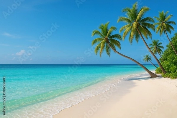 Fototapeta Tropical Paradise Beach With Swaying Palm Trees Over Turquoise Ocean Water