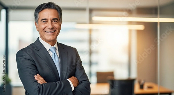 Fototapeta Handsome hispanic senior business man with crossed arms smiling at camera. Indian or latin confident mature good looking middle age leader male businessman on blur office background with copy space. 