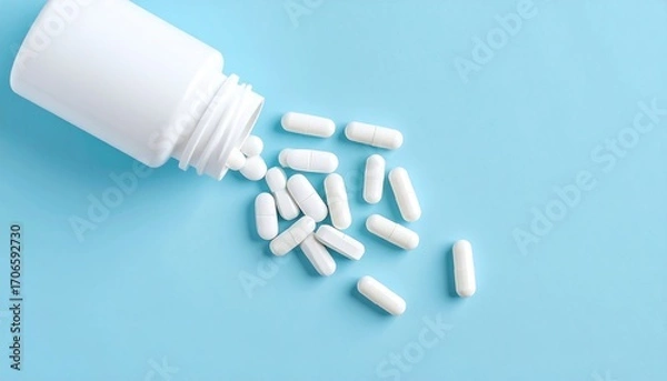 Obraz White pills spilled from a white bottle on a light-blue surface