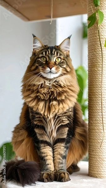 Fototapeta Fluffy Maine Coon cat sits regal on a cat tree