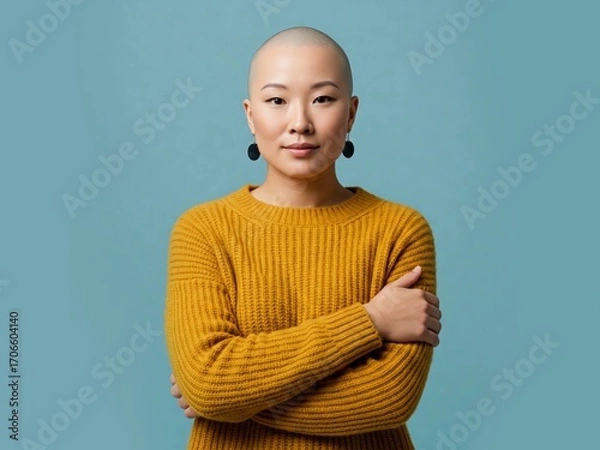 Fototapeta A serene and confident portrait of a bald Asian woman with her arms crossed. This image represents themes of empowerment, diversity, and inner strength in a unique and modern way.