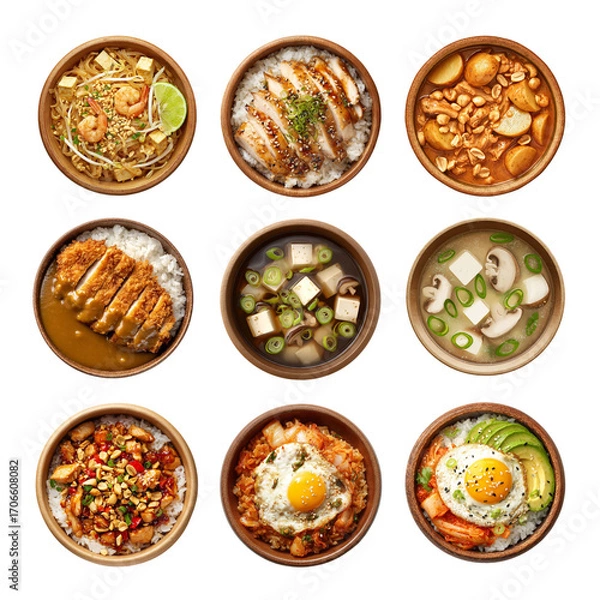 Fototapeta A colorful assortment of delicious Asian dishes served in small bowls. Asian Food isolated on white background, Transparent Background