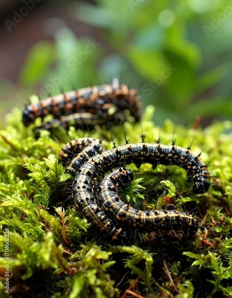 Fototapeta Close-up of several caterpillars on moss